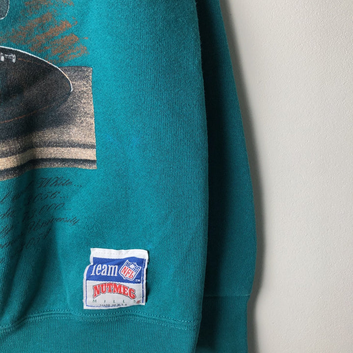 Vintage 90'S NUTMEG MILLS printed sweatshirt, made in the USA, size L, men's polyester Emerald green Vintage Second Hand