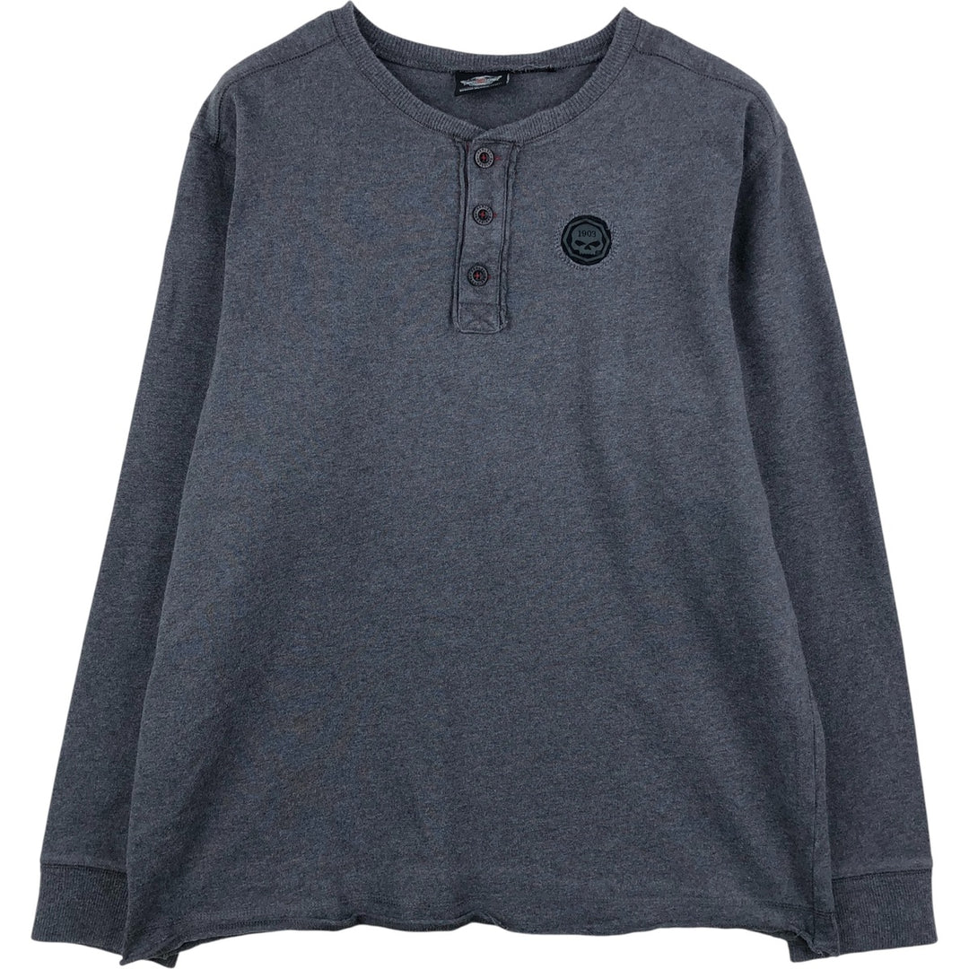 Harley-Davidson Skull Pattern Henley Neck Motorcycle Long-Sleeve T-Shirt (Men's Size L) unclear gray type Vintage Second Hand