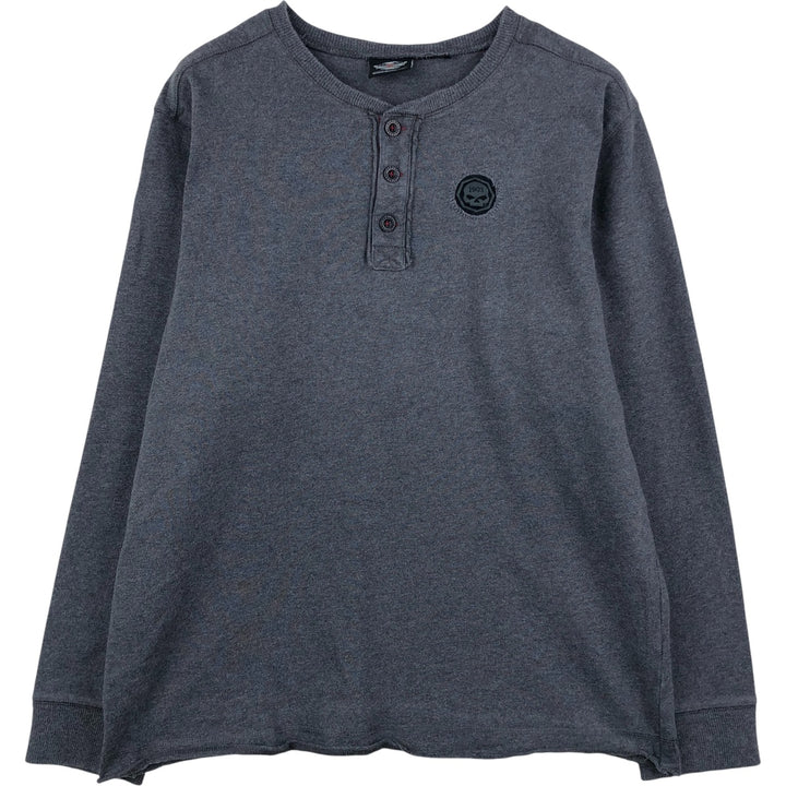 Harley-Davidson Skull Pattern Henley Neck Motorcycle Long-Sleeve T-Shirt (Men's Size L) unclear gray type Vintage Second Hand