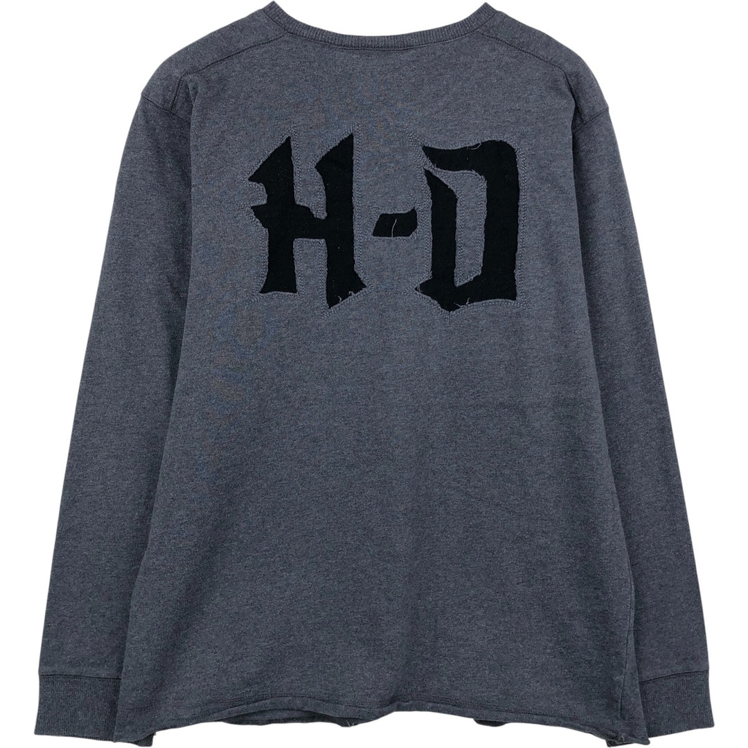 Harley-Davidson Skull Pattern Henley Neck Motorcycle Long-Sleeve T-Shirt (Men's Size L) unclear gray type Vintage Second Hand