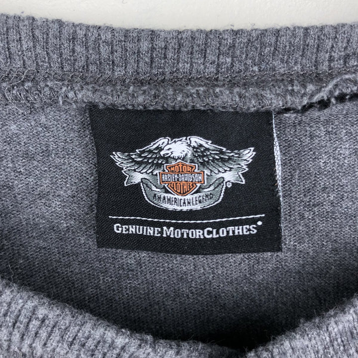 Harley-Davidson Skull Pattern Henley Neck Motorcycle Long-Sleeve T-Shirt (Men's Size L) unclear gray type Vintage Second Hand