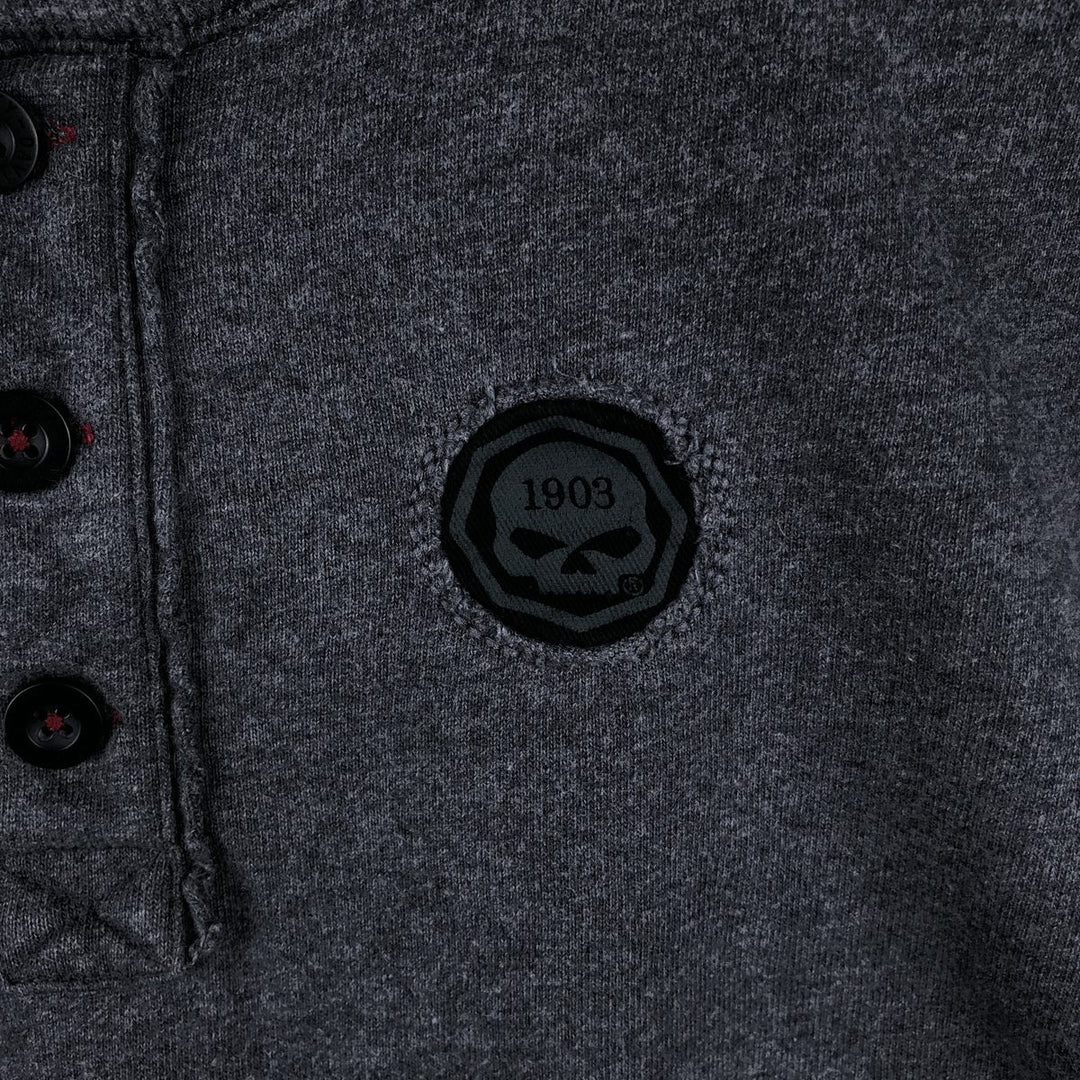 Harley-Davidson Skull Pattern Henley Neck Motorcycle Long-Sleeve T-Shirt (Men's Size L) unclear gray type Vintage Second Hand