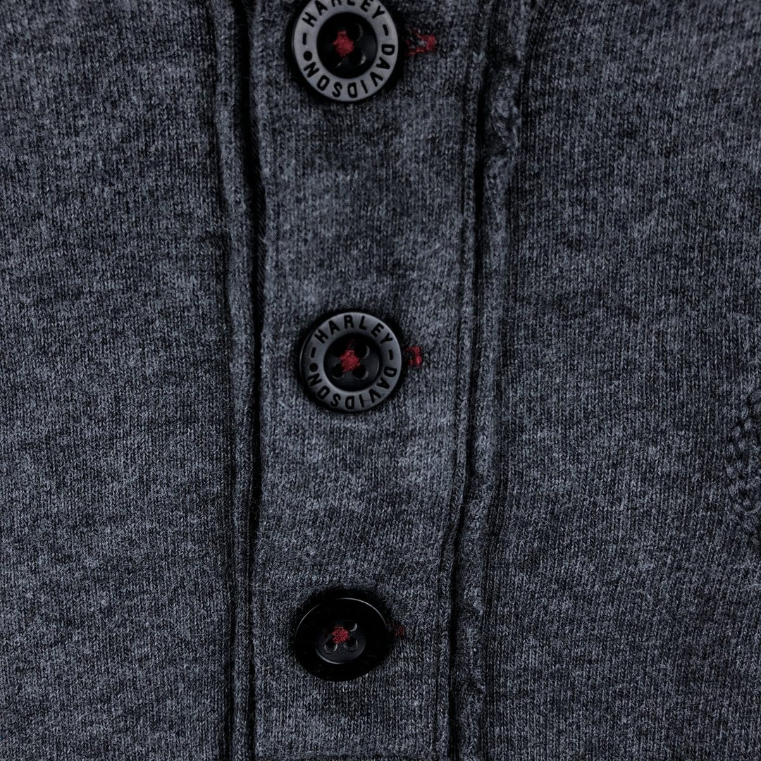 Harley-Davidson Skull Pattern Henley Neck Motorcycle Long-Sleeve T-Shirt (Men's Size L) unclear gray type Vintage Second Hand