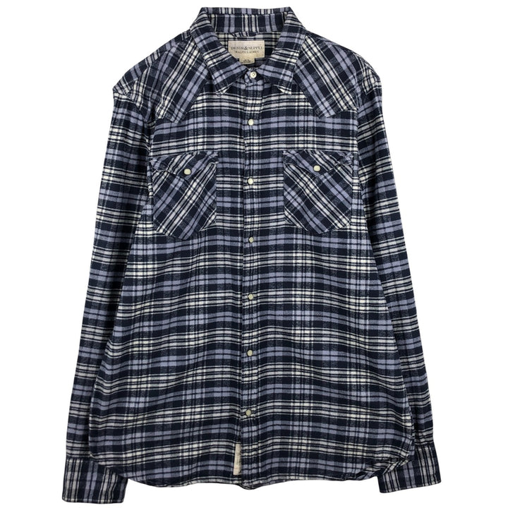 Ralph Lauren DENIM AND SUPPLY Men's Long Sleeve Western Flannel Check Shirt, Size XL cotton navy blue type Vintage Second Hand