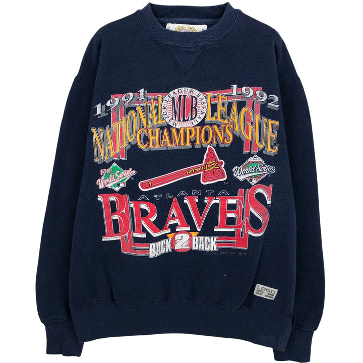 Vintage 1990'S Logo Seven MLB Atlanta Braves printed sweatshirt, size L, men's cotton navy blue type Vintage Second Hand