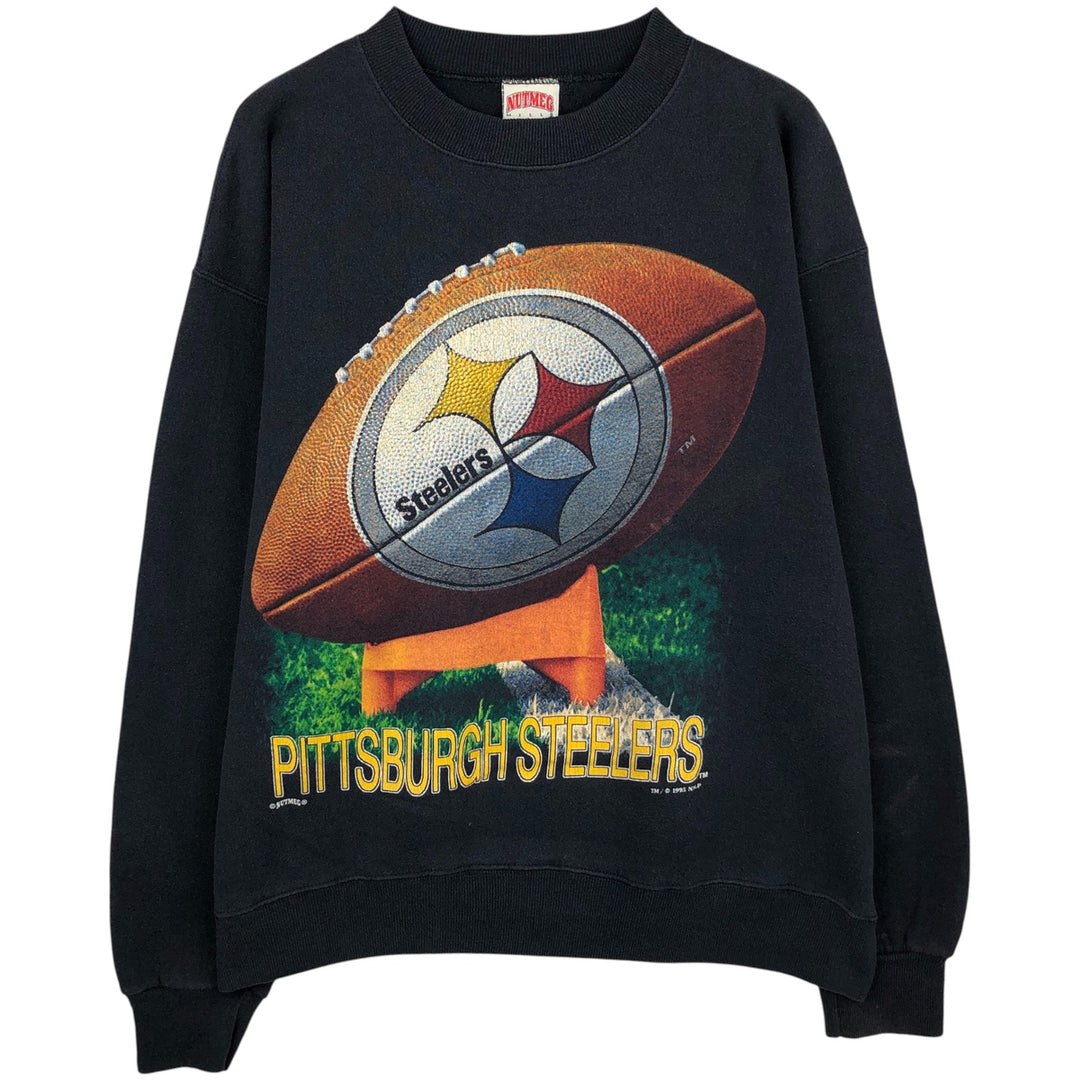 90'S NUTMEG NFL Pittsburgh Steelers Print Sweatshirt, Made in USA, Men's Size L (Equivalent), Vintage cotton black type Vintage Second Hand