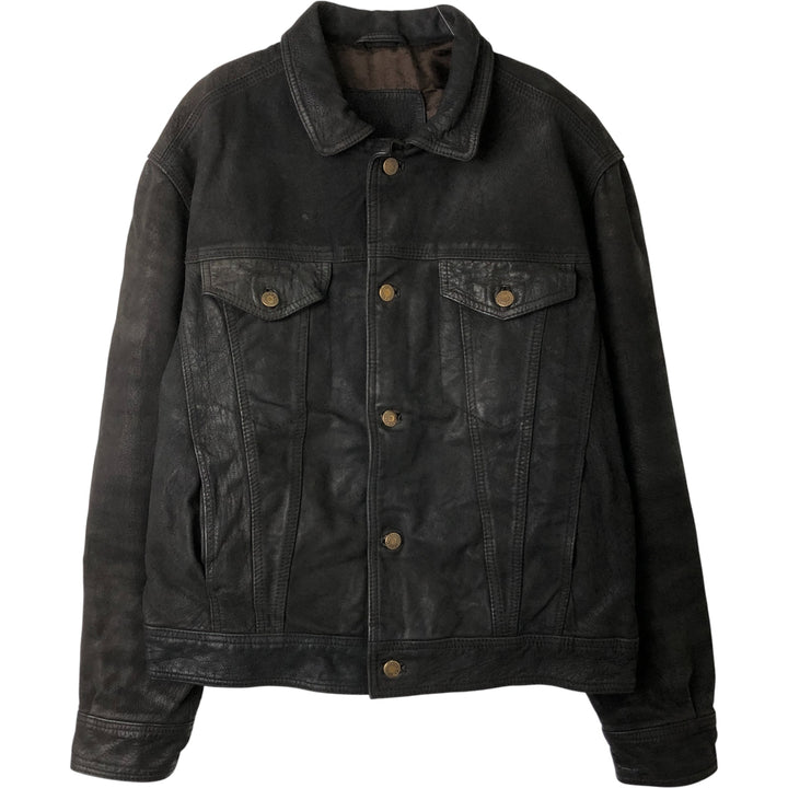 Trucker jacket, leather blouson, men's size L genuine leather black type Vintage Second Hand