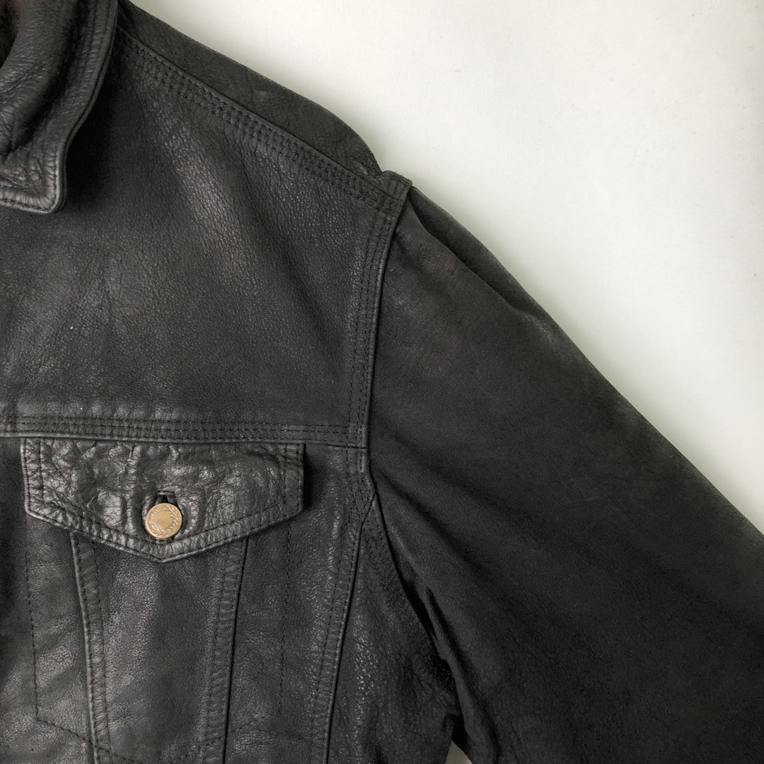 Trucker jacket, leather blouson, men's size L genuine leather black type Vintage Second Hand