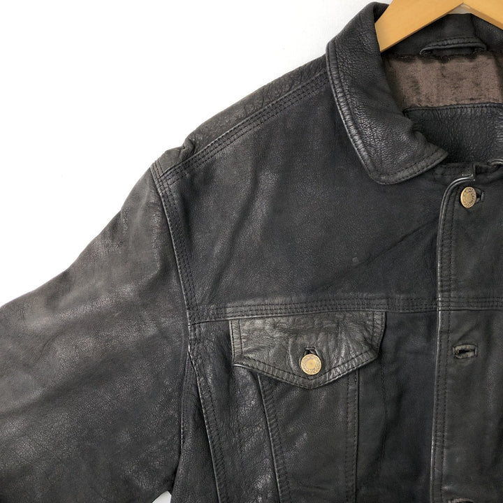 Trucker jacket, leather blouson, men's size L genuine leather black type Vintage Second Hand