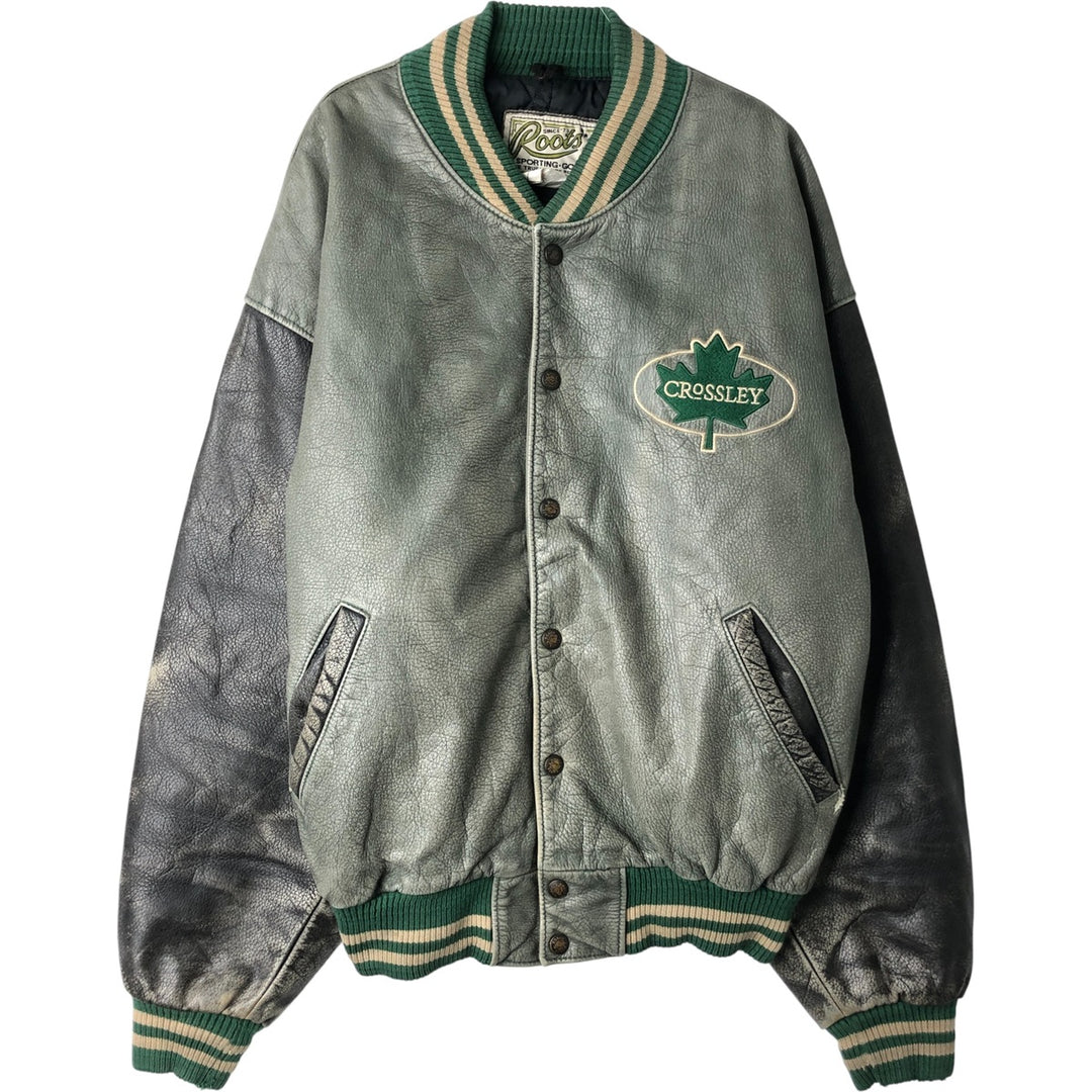 Vintage '90'S Roots padded all-leather varsity jacket, made in Canada, men's size XL genuine leather Khaki type Vintage Second Hand