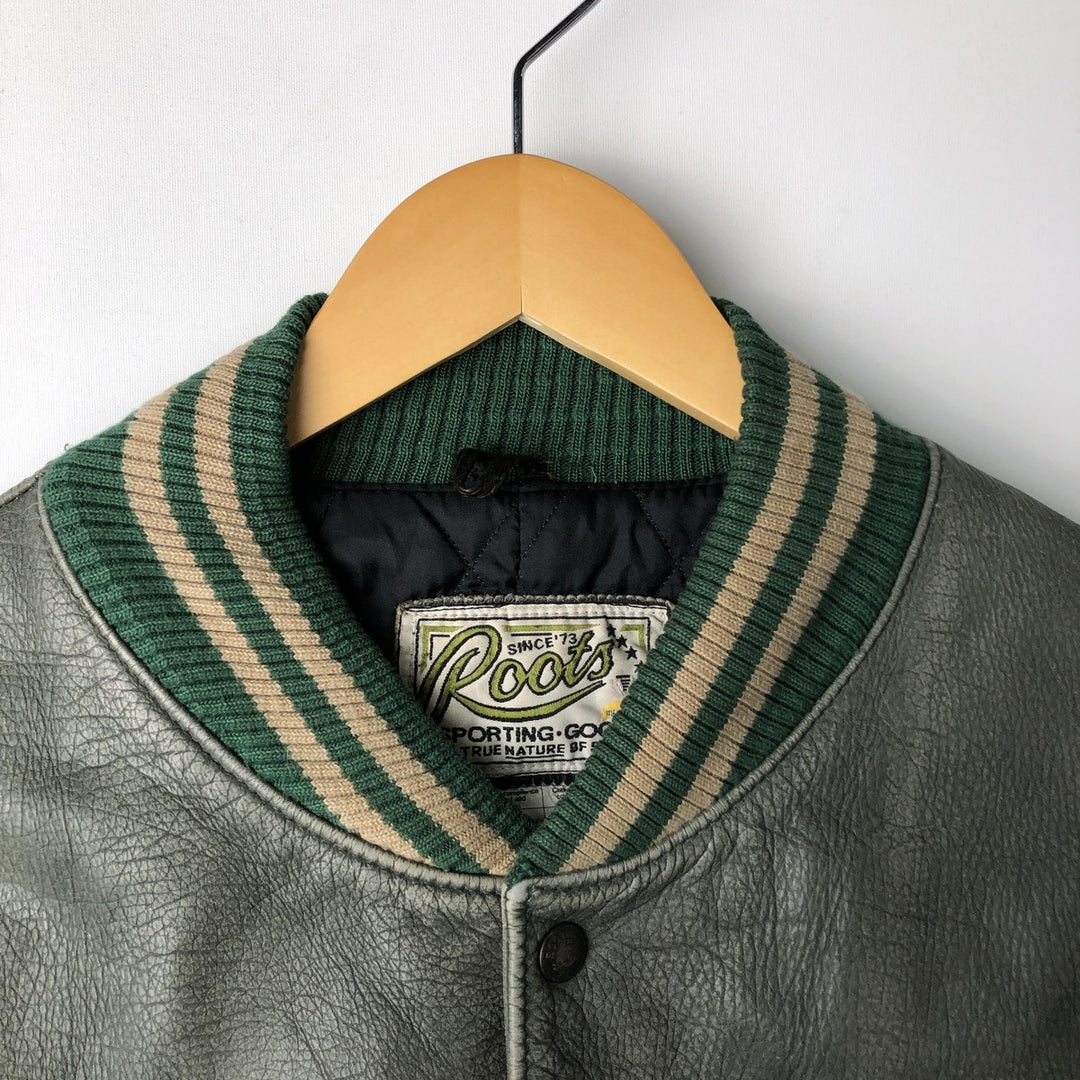 Vintage '90'S Roots padded all-leather varsity jacket, made in Canada, men's size XL genuine leather Khaki type Vintage Second Hand