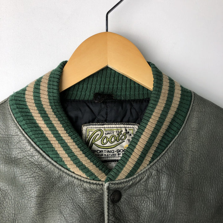 Vintage '90'S Roots padded all-leather varsity jacket, made in Canada, men's size XL genuine leather Khaki type Vintage Second Hand