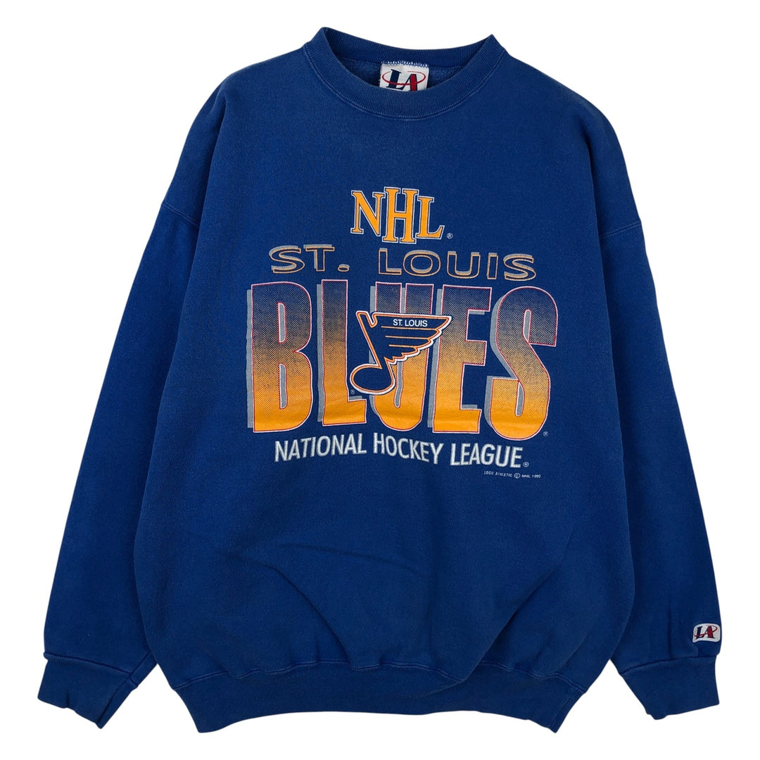 90'S Logo Athletic NHL St. Louis Blues Print Sweatshirt, Made in USA, Men's Size L cotton blue type Vintage Second Hand