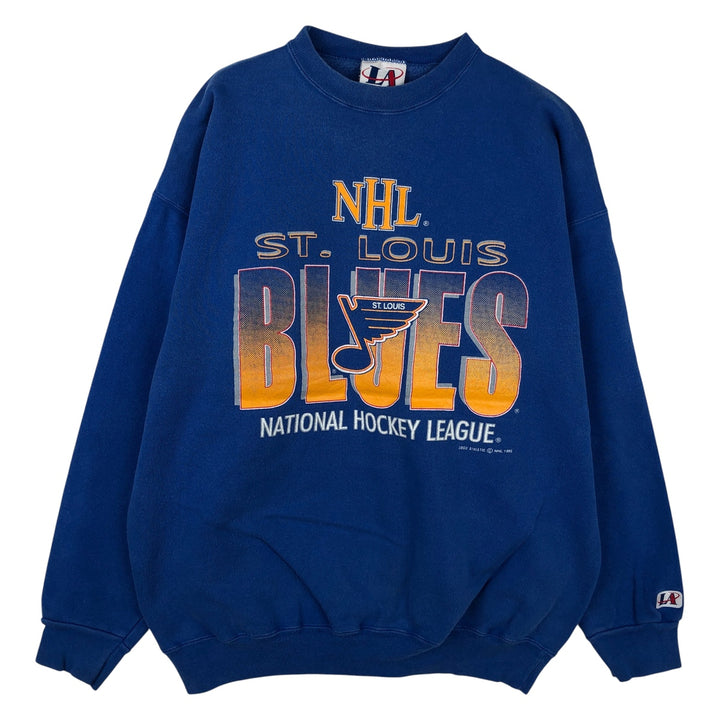 90'S Logo Athletic NHL St. Louis Blues Print Sweatshirt, Made in USA, Men's Size L cotton blue type Vintage Second Hand