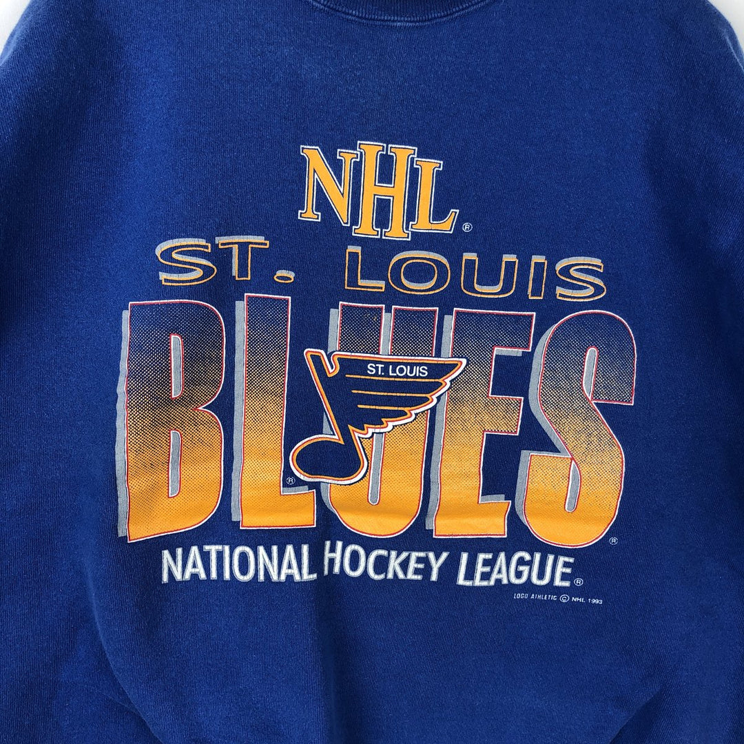90'S Logo Athletic NHL St. Louis Blues Print Sweatshirt, Made in USA, Men's Size L cotton blue type Vintage Second Hand