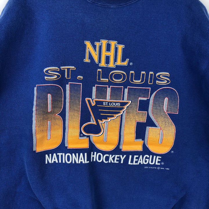 90'S Logo Athletic NHL St. Louis Blues Print Sweatshirt, Made in USA, Men's Size L cotton blue type Vintage Second Hand