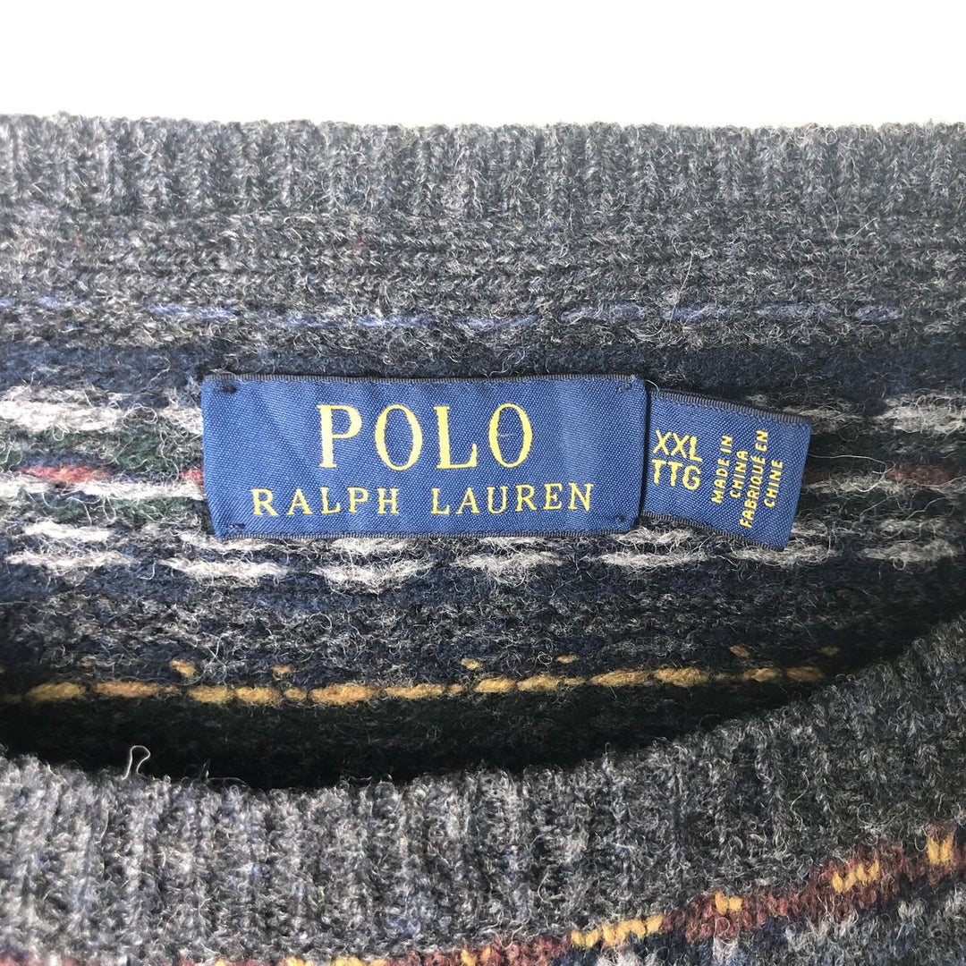 Ralph Lauren POLO by Ralph Lauren all-over print wool knit sweater, men's size XXL wool navy blue type Vintage Second Hand