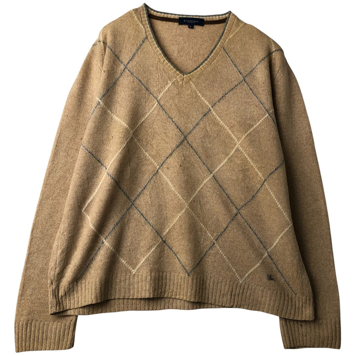 Burberry's BURBERRY LONDON Check Pattern V-Neck Lambswool Knit Sweater, Made in Spain, Women's Size Small Lamb wool Beige type Vintage Second Hand