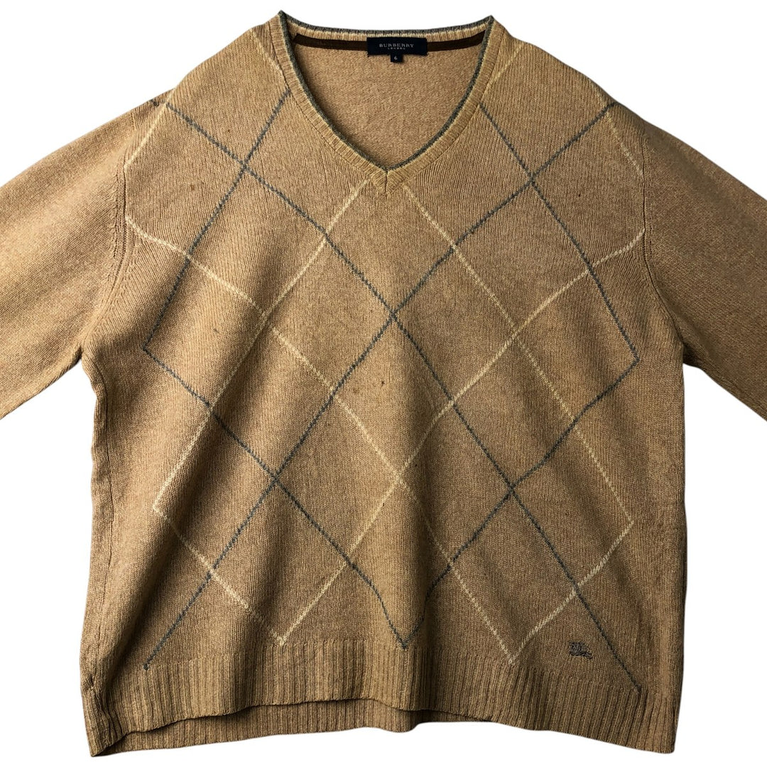 Burberry's BURBERRY LONDON Check Pattern V-Neck Lambswool Knit Sweater, Made in Spain, Women's Size Small Lamb wool Beige type Vintage Second Hand