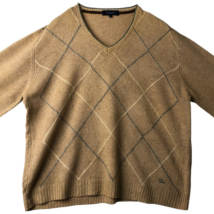 Burberry's BURBERRY LONDON Check Pattern V-Neck Lambswool Knit Sweater, Made in Spain, Women's Size Small Lamb wool Beige type Vintage Second Hand