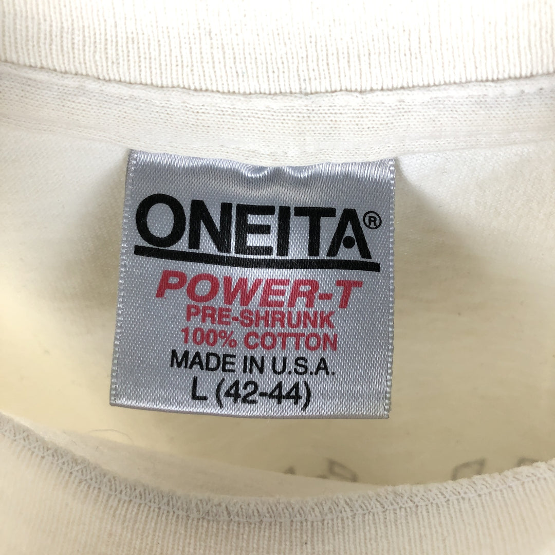 90'S ONEITA Advertising Long Sleeve T-Shirt, Made in USA, Men's Size L, Vintage cotton white type Vintage Second Hand