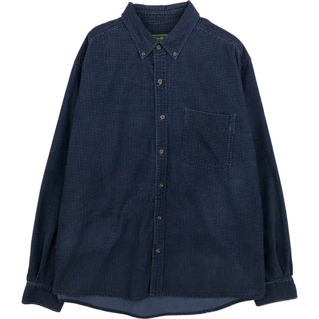 Eddie Bauer Check Pattern Long Sleeve Button-Down Corduroy Shirt, Men's Size L cotton navy blue type Vintage Second Hand