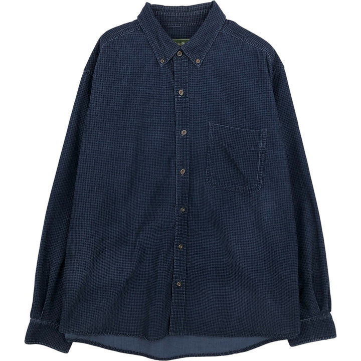 Eddie Bauer Check Pattern Long Sleeve Button-Down Corduroy Shirt, Men's Size L cotton navy blue type Vintage Second Hand