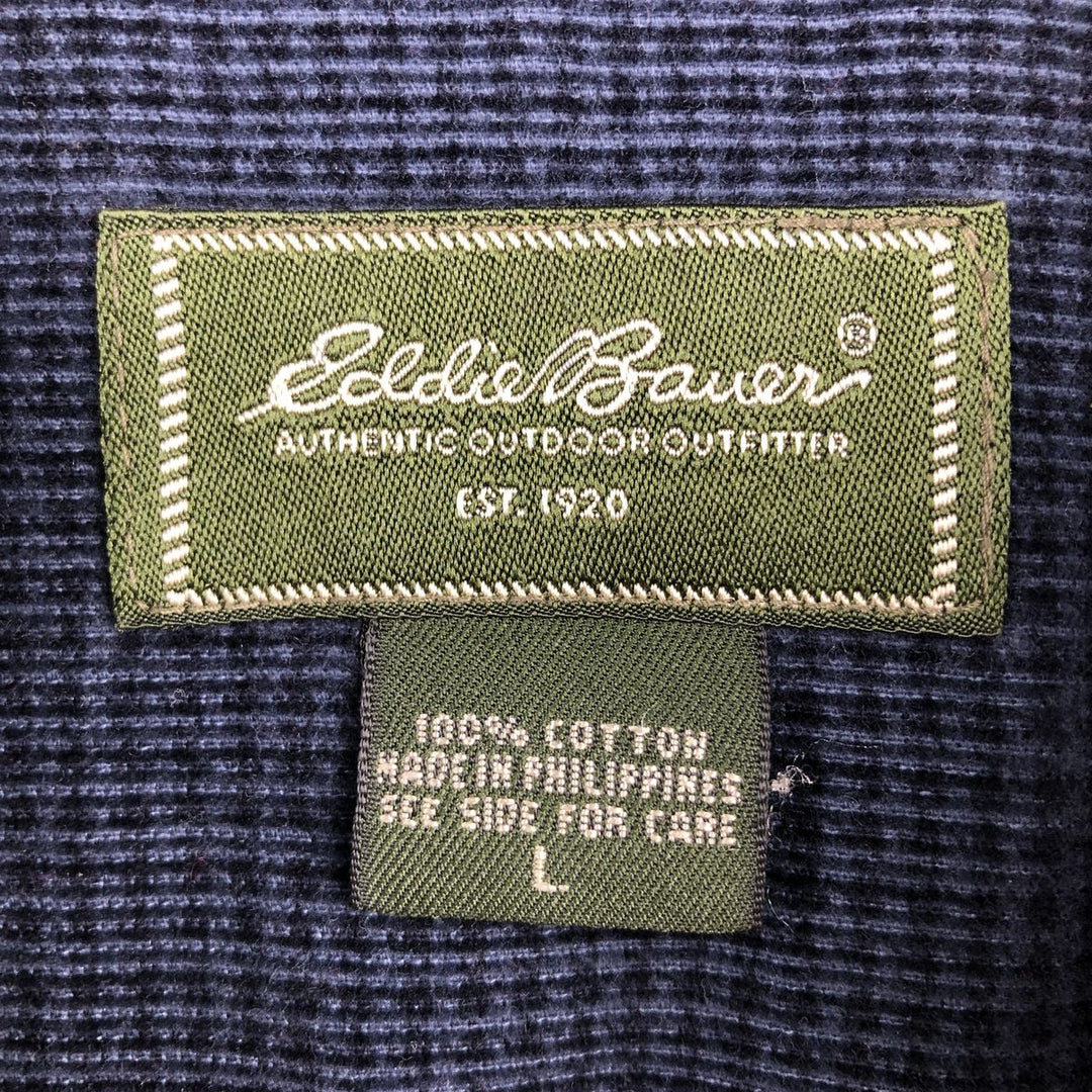 Eddie Bauer Check Pattern Long Sleeve Button-Down Corduroy Shirt, Men's Size L cotton navy blue type Vintage Second Hand