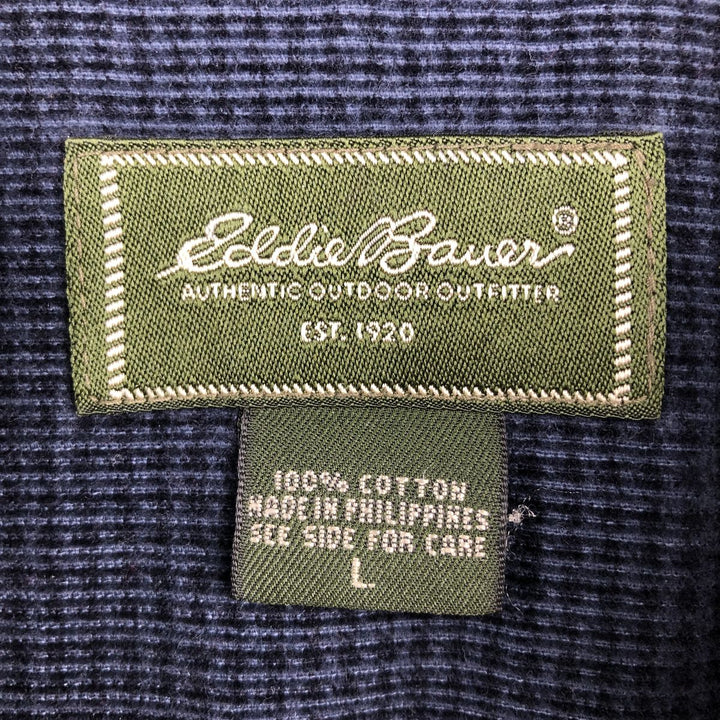 Eddie Bauer Check Pattern Long Sleeve Button-Down Corduroy Shirt, Men's Size L cotton navy blue type Vintage Second Hand
