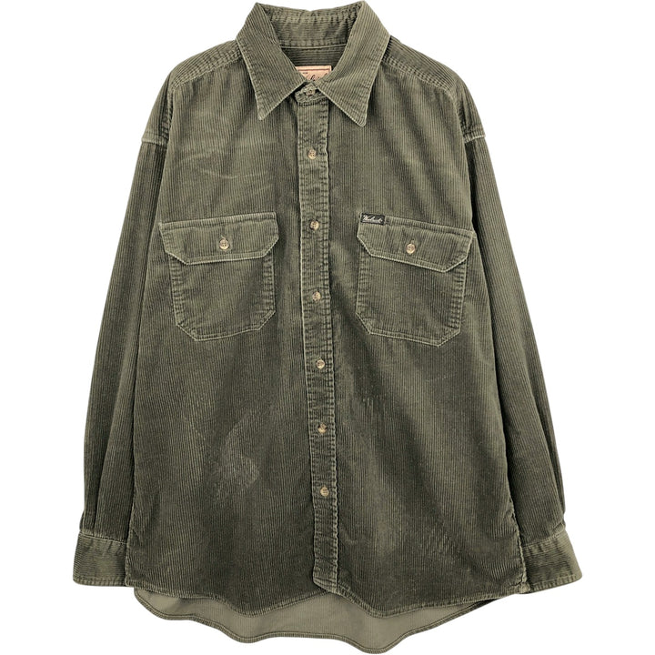 2000'S WOOLRICH long-sleeved corduroy shirt, men's size L cotton Khaki type sage green Vintage Second Hand