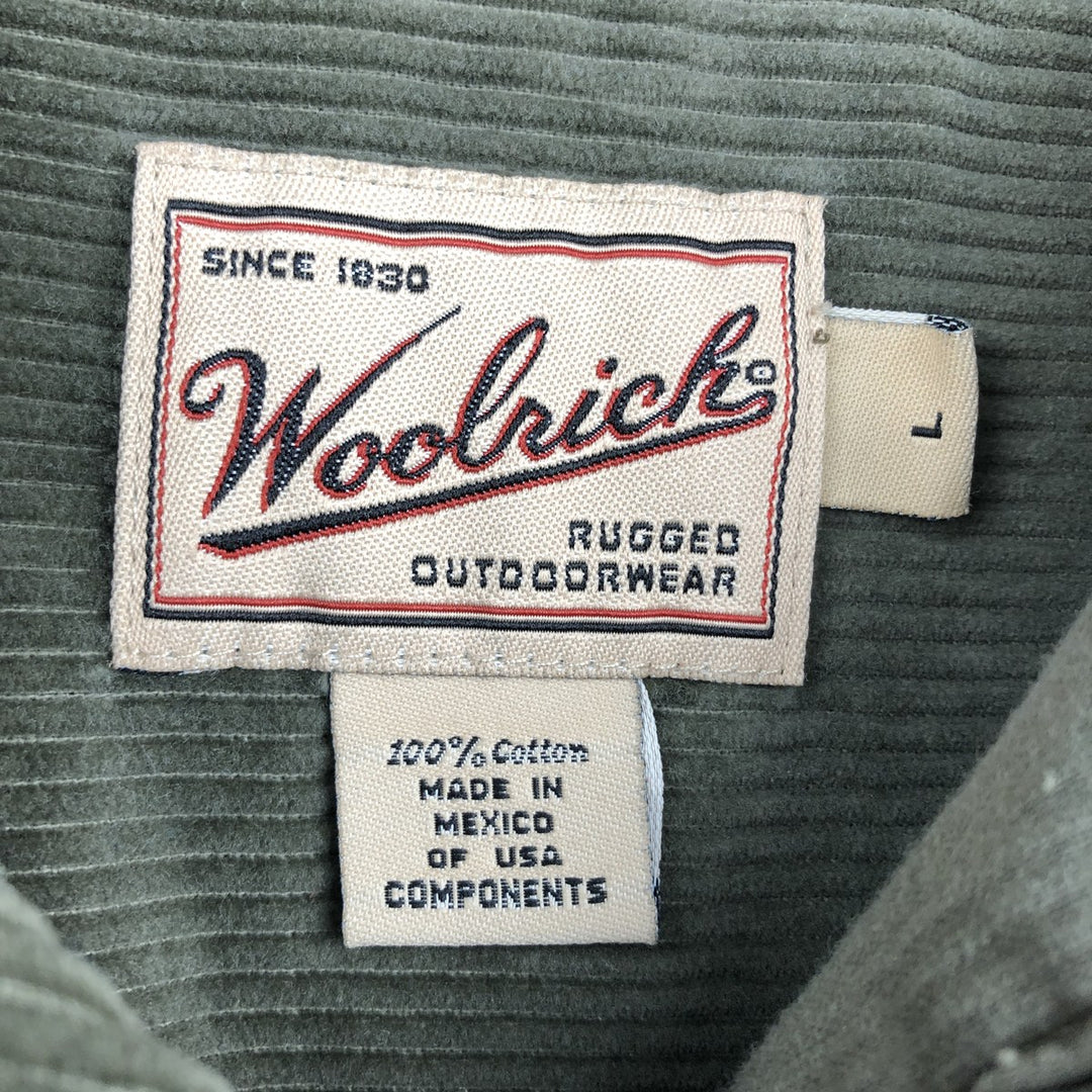 2000'S WOOLRICH long-sleeved corduroy shirt, men's size L cotton Khaki type sage green Vintage Second Hand