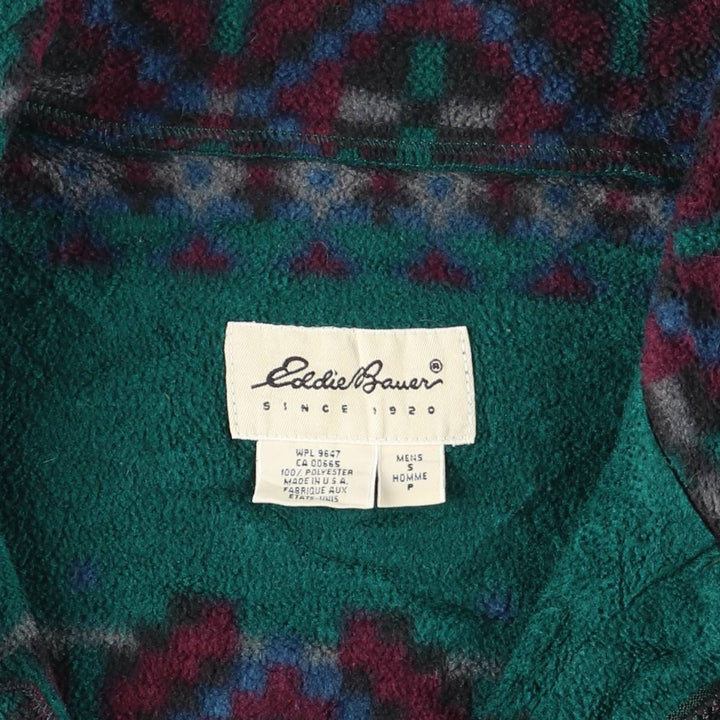 Eddie Bauer all-over print half-zip fleece pullover, made in the USA, men's size small polyester green type Vintage Second Hand