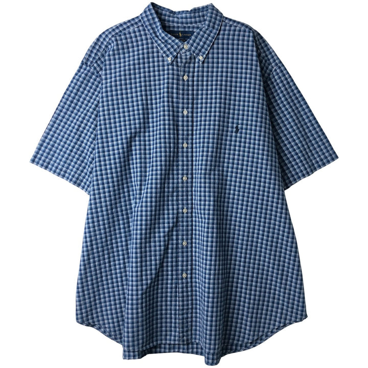 Ralph Lauren Indigo Oxford Check Shirt, Men's Oversized Short Sleeve Button-Down Shirt, Size XXXL cotton blue type Vintage Second Hand