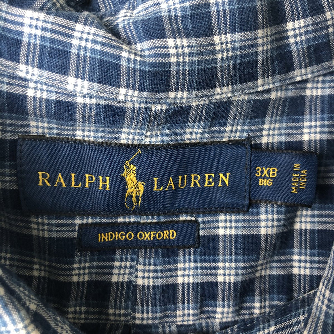 Ralph Lauren Indigo Oxford Check Shirt, Men's Oversized Short Sleeve Button-Down Shirt, Size XXXL cotton blue type Vintage Second Hand