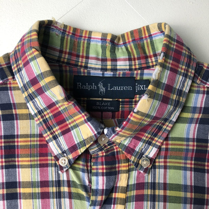 Ralph Lauren BLAKE Madras Check Short Sleeve Button Down Check Shirt Men's XL cotton navy blue type Vintage Second Hand