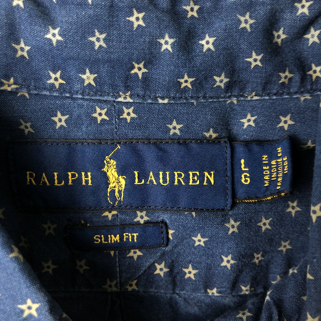 Ralph Lauren Slim Fit Star Print Short Sleeve Button-Down Shirt, Men's Size L cotton navy blue type Vintage Second Hand
