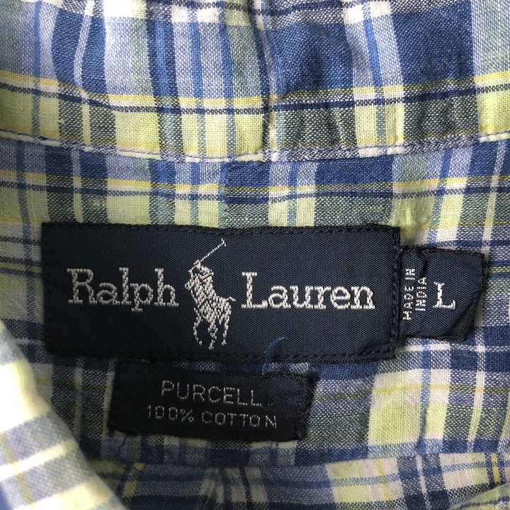Ralph Lauren PURCELL Madras Check Short Sleeve Button-Down Check Shirt, Men's Size L cotton blue type Vintage Second Hand