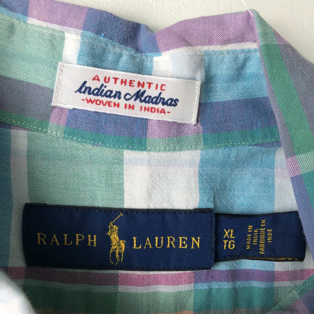 Ralph Lauren Madras Check Short Sleeve Button Down Check Shirt Men's XL cotton Emerald green Vintage Second Hand