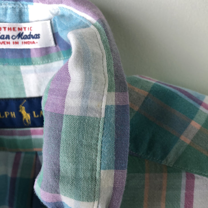 Ralph Lauren Madras Check Short Sleeve Button Down Check Shirt Men's XL cotton Emerald green Vintage Second Hand