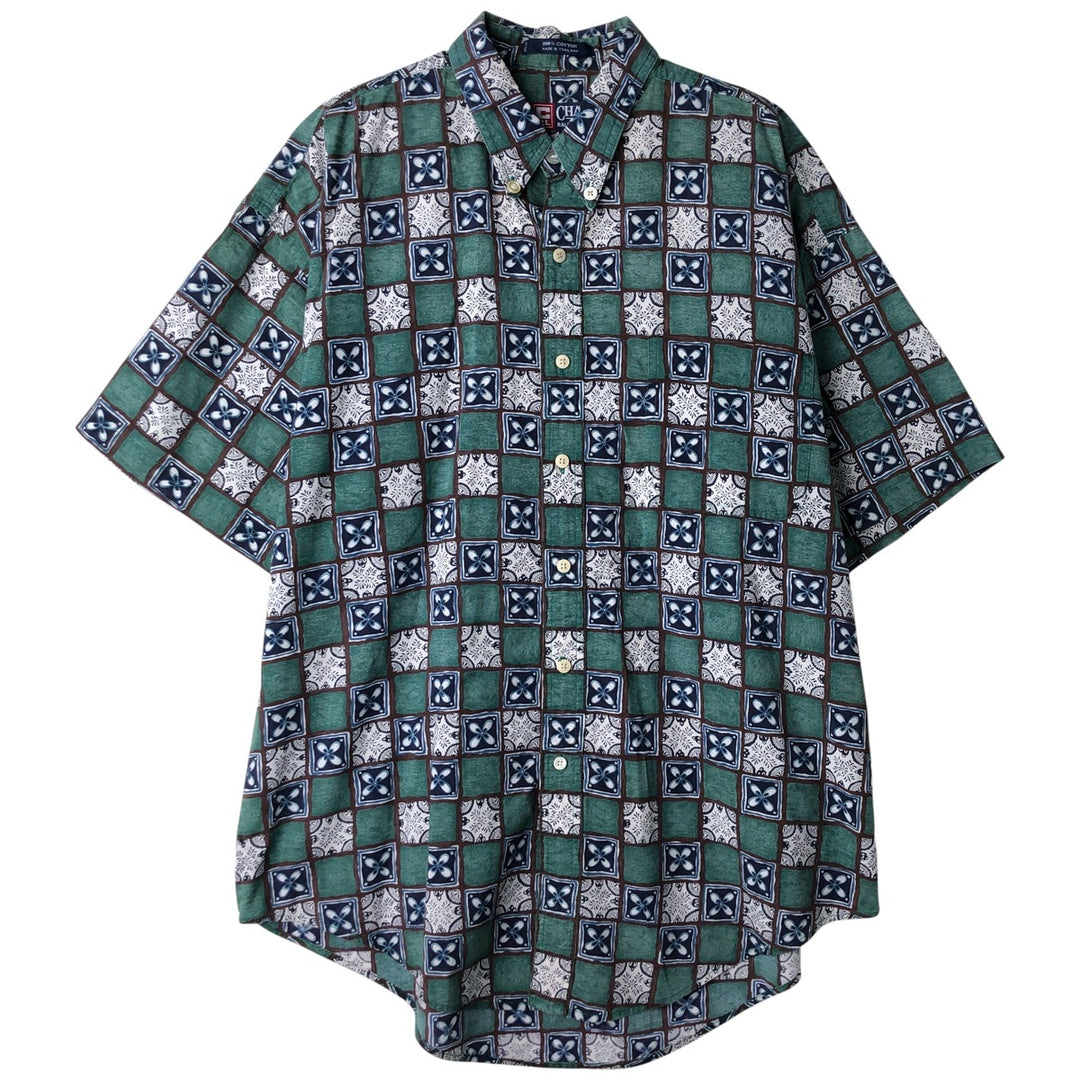 Ralph Lauren CHAPS all-over print short-sleeved button-down shirt, men's size L cotton navy blue type Vintage Second Hand