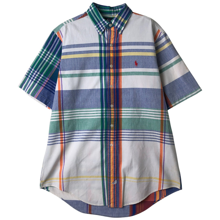 Ralph Lauren Crazy Pattern Short Sleeve Button-Down Check Shirt, Men's Size L cotton white type Vintage Second Hand