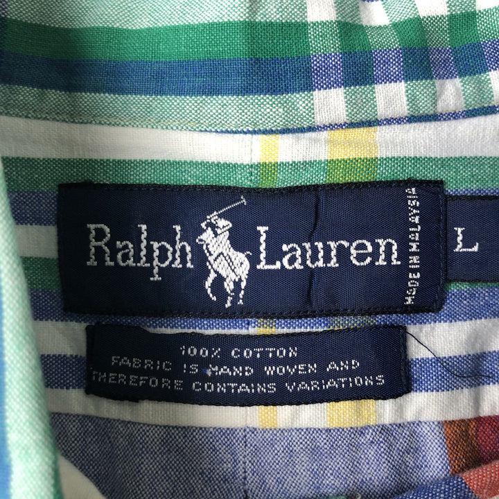 Ralph Lauren Crazy Pattern Short Sleeve Button-Down Check Shirt, Men's Size L cotton white type Vintage Second Hand