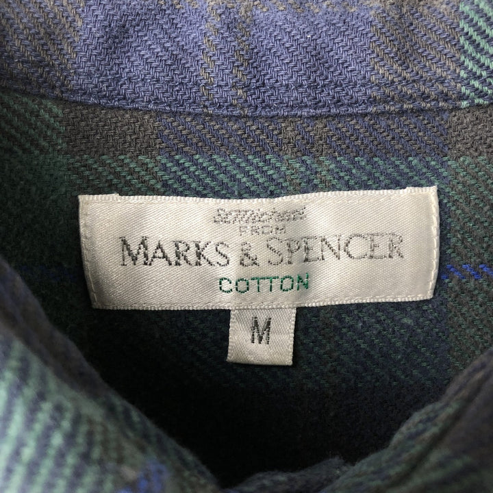 St. Michael MARKS AND SPENCER long-sleeved flannel check shirt, made in the UK, size M cotton green type Vintage Second Hand