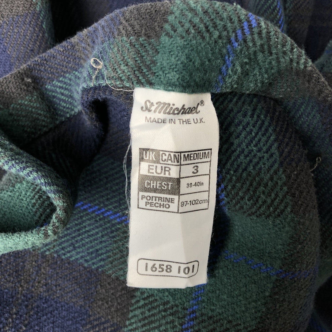 St. Michael MARKS AND SPENCER long-sleeved flannel check shirt, made in the UK, size M cotton green type Vintage Second Hand