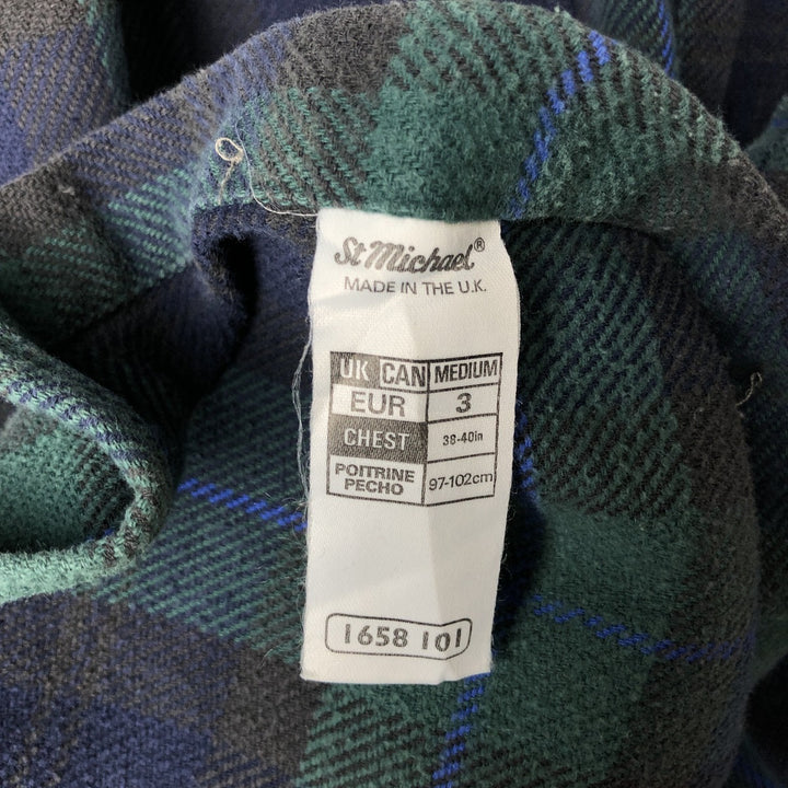 St. Michael MARKS AND SPENCER long-sleeved flannel check shirt, made in the UK, size M cotton green type Vintage Second Hand