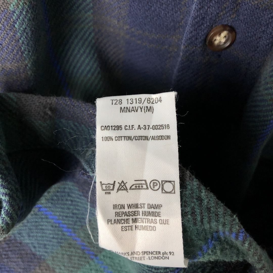 St. Michael MARKS AND SPENCER long-sleeved flannel check shirt, made in the UK, size M cotton green type Vintage Second Hand