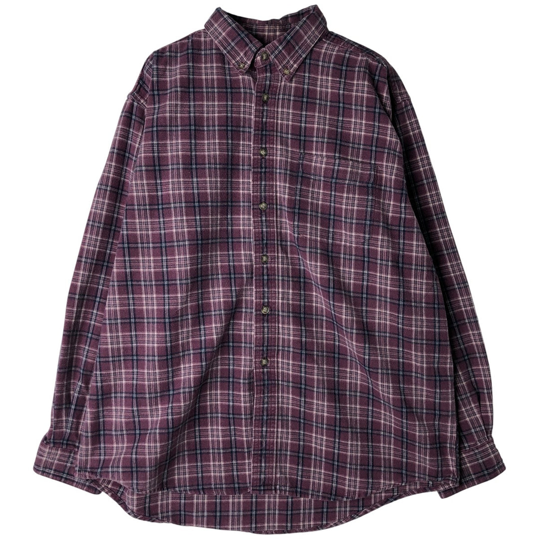 90s-00'S Vintage LLBean Light Flannel Check Shirt, Long Sleeve, Button-Down, Made in Canada, Men's Size L cotton Red type red-purple Vintage Second Hand
