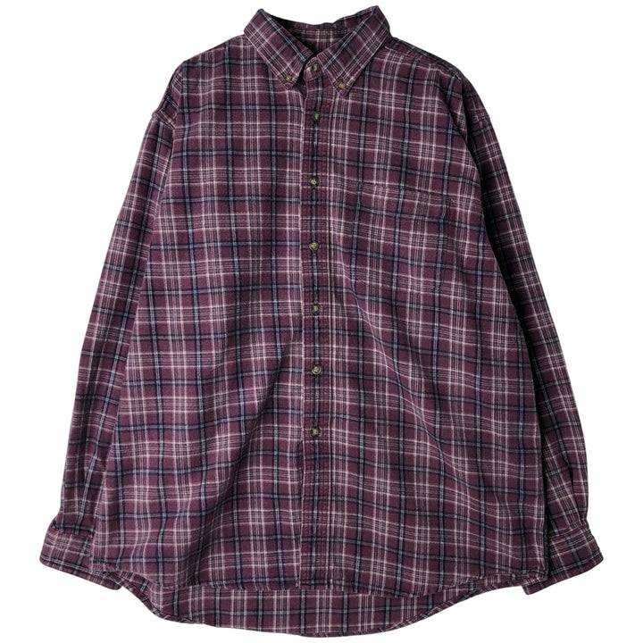 90s-00'S Vintage LLBean Light Flannel Check Shirt, Long Sleeve, Button-Down, Made in Canada, Men's Size L cotton Red type red-purple Vintage Second Hand
