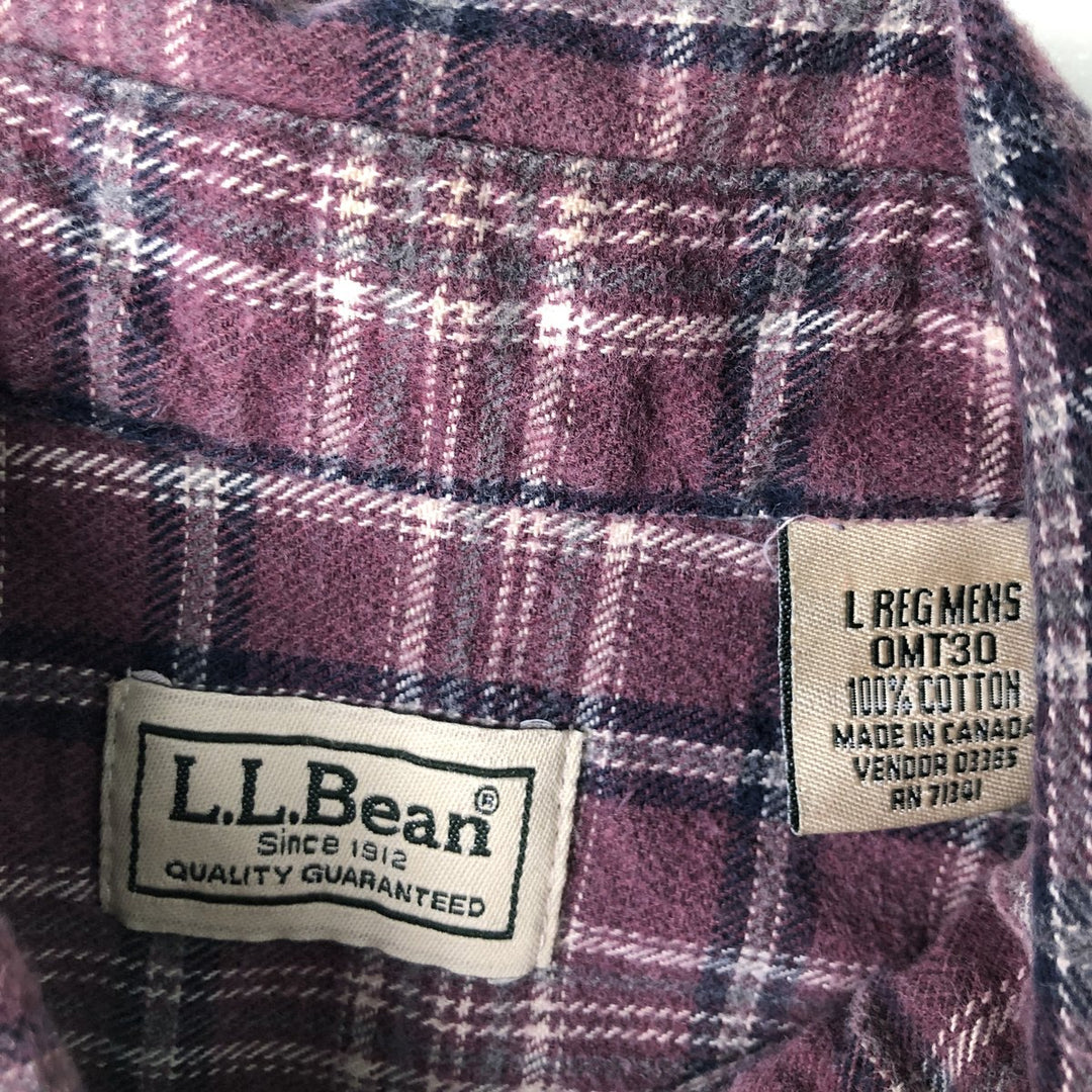 90s-00'S Vintage LLBean Light Flannel Check Shirt, Long Sleeve, Button-Down, Made in Canada, Men's Size L cotton Red type red-purple Vintage Second Hand