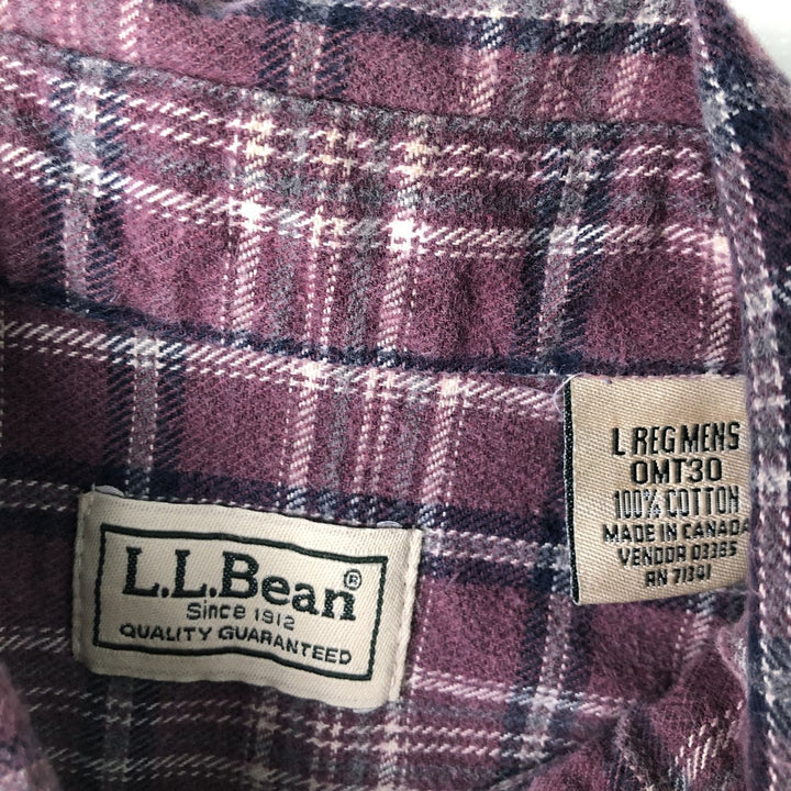 90s-00'S Vintage LLBean Light Flannel Check Shirt, Long Sleeve, Button-Down, Made in Canada, Men's Size L cotton Red type red-purple Vintage Second Hand